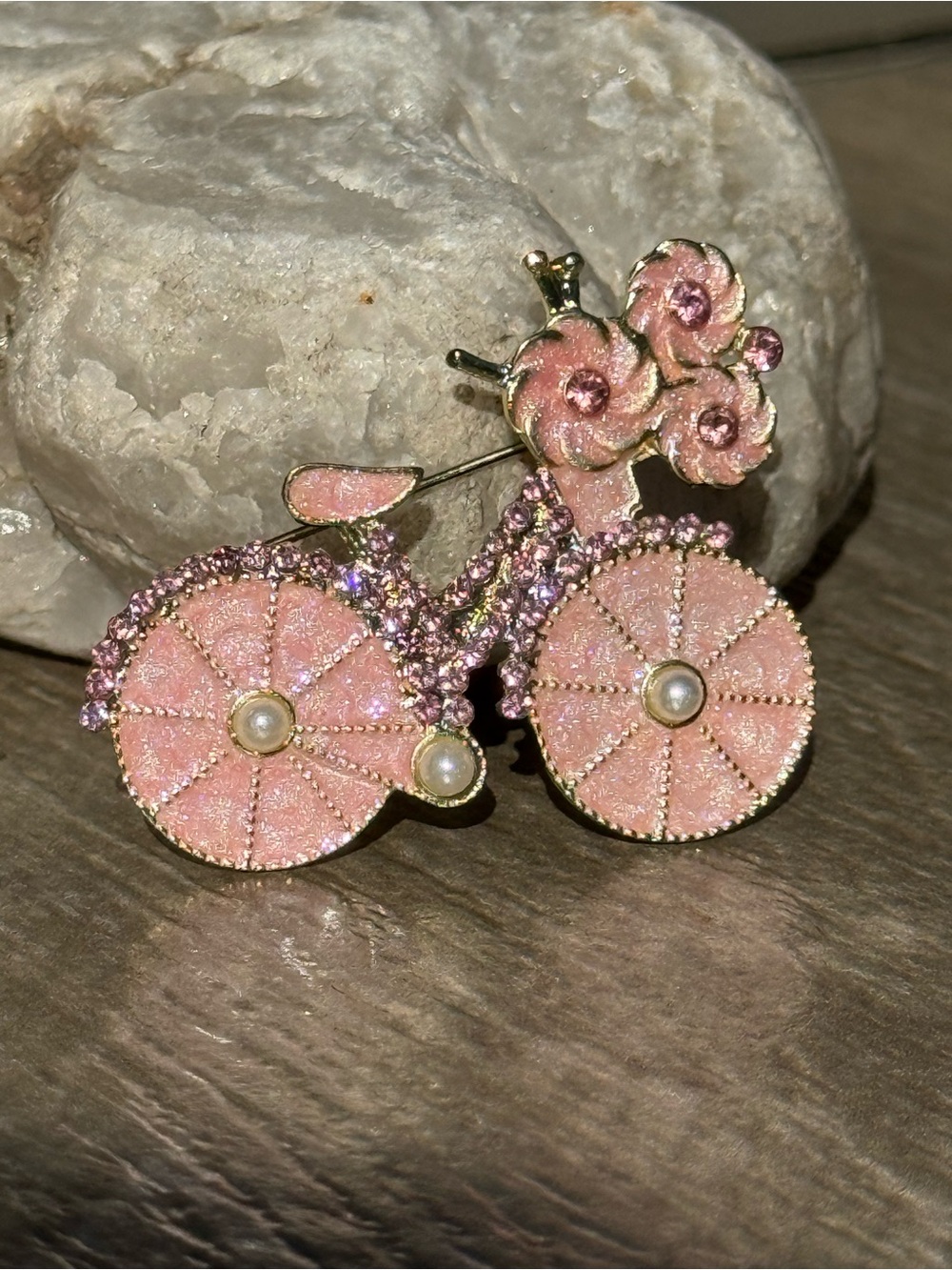 NWT Pink Enamel Bicycle Brooch with Pearls Rhinestone
